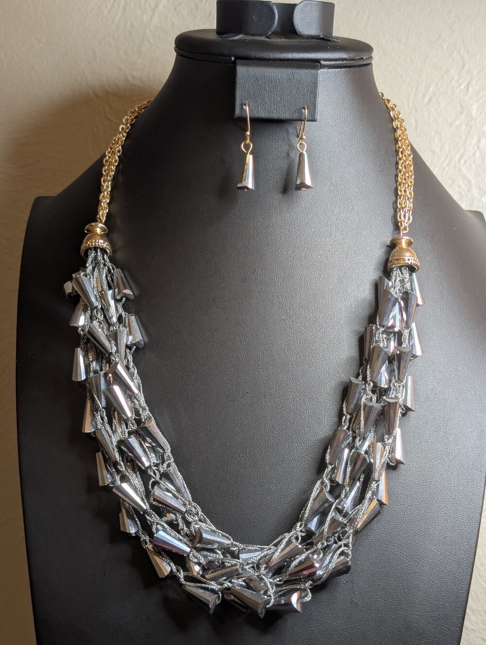 Multi-Layer Crochet Metallic Bead Two Tone Statement Necklace & Earring Set